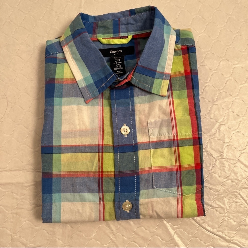 Gap neon plaid multicolor short-sleeve button-down shirt XS